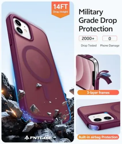 FNTCASE for iPhone 12/12 Pro Case, Fit for Magsafe, Wine Red | Screen Protector, Translucent Matte, Military Grade Drop Proof, Shockproof Protection Bumper, Protective Magnetic Phone Cover - 6