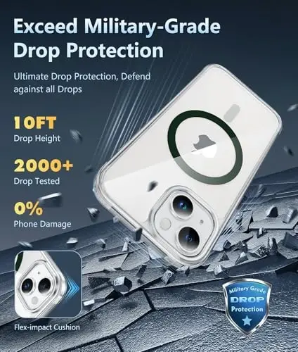 FNTCASE for iPhone 13 Phone Case: Clear Magnetic Case Military Grade Drop Protection Anti Yellowing Cell Phone Cover - Rugged Shockproof Protective Bumper - 6.1 Inch (D-Green) - 4