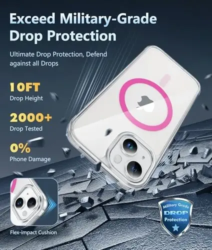 FNTCASE for iPhone 13 Phone Case: Clear Phone Case Magnetic Military Grade Drop Protection Anti Yellowing Cell Phone Cover- Rugged Shockproof Protective Bumper (F-Hot Pink) - 4