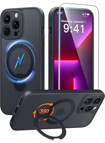 FNTCASE for iPhone 13 Pro Case: [360 Spin Magnetic Stand] [Compatible with Magsafe] [Screen Protector] Translucent Matte Military Grade Shockproof Full Camera Protective Phone Cover - Black 