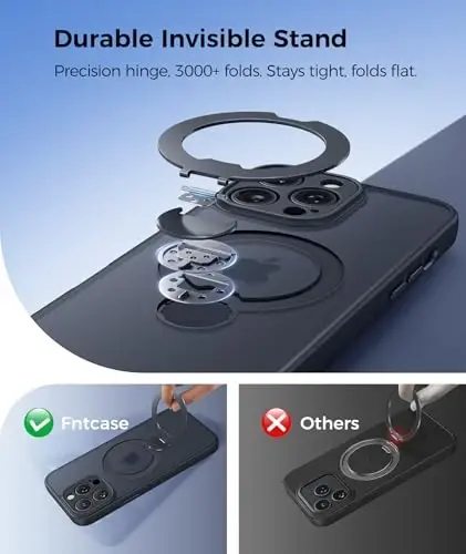 FNTCASE for iPhone 13 Pro Case: [360 Spin Magnetic Stand] [Compatible with Magsafe] [Screen Protector] Translucent Matte Military Grade Shockproof Full Camera Protective Phone Cover - Black - 3