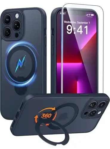 FNTCASE for iPhone 13 Pro Case: [360 Spin Magnetic Stand] [Compatible with Magsafe] [Screen Protector] Translucent Matte Military Grade Shockproof Full Camera Protective Phone Cover - Deep Blue - FNTCASE