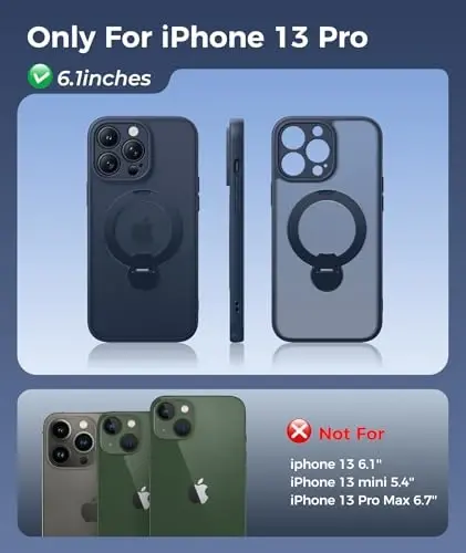 FNTCASE for iPhone 13 Pro Case: [360 Spin Magnetic Stand] [Compatible with Magsafe] [Screen Protector] Translucent Matte Military Grade Shockproof Full Camera Protective Phone Cover - Deep Blue - 2