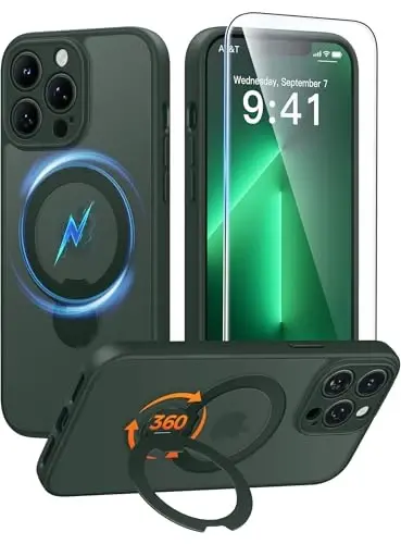 FNTCASE for iPhone 13 Pro Case: [360 Spin Magnetic Stand] [Compatible with Magsafe] [Screen Protector] Translucent Matte Military Grade Shockproof Full Camera Protective Phone Cover - Green 