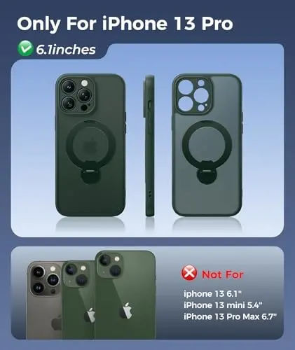 FNTCASE for iPhone 13 Pro Case: [360 Spin Magnetic Stand] [Compatible with Magsafe] [Screen Protector] Translucent Matte Military Grade Shockproof Full Camera Protective Phone Cover - Green - 2