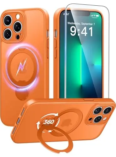 FNTCASE for iPhone 13 Pro Case: [360 Spin Magnetic Stand] [Compatible with Magsafe] [Screen Protector] Translucent Matte Military Grade Shockproof Full Camera Protective Phone Cover - Orange - 1