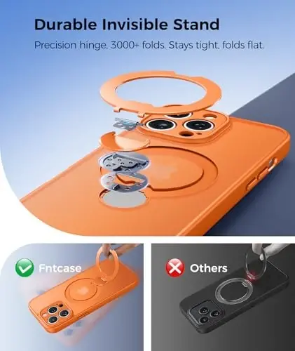 FNTCASE for iPhone 13 Pro Case: [360 Spin Magnetic Stand] [Compatible with Magsafe] [Screen Protector] Translucent Matte Military Grade Shockproof Full Camera Protective Phone Cover - Orange - 3