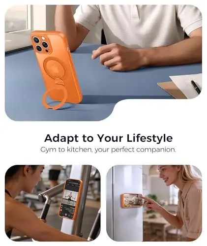 FNTCASE for iPhone 13 Pro Case: [360 Spin Magnetic Stand] [Compatible with Magsafe] [Screen Protector] Translucent Matte Military Grade Shockproof Full Camera Protective Phone Cover - Orange - 4