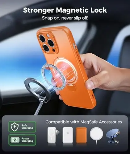 FNTCASE for iPhone 13 Pro Case: [360 Spin Magnetic Stand] [Compatible with Magsafe] [Screen Protector] Translucent Matte Military Grade Shockproof Full Camera Protective Phone Cover - Orange - 5