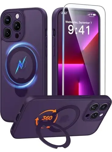 FNTCASE for iPhone 13 Pro Case: [360 Spin Magnetic Stand] [Compatible with Magsafe] [Screen Protector] Translucent Matte Military Grade Shockproof Full Camera Protective Phone Cover - Purple 