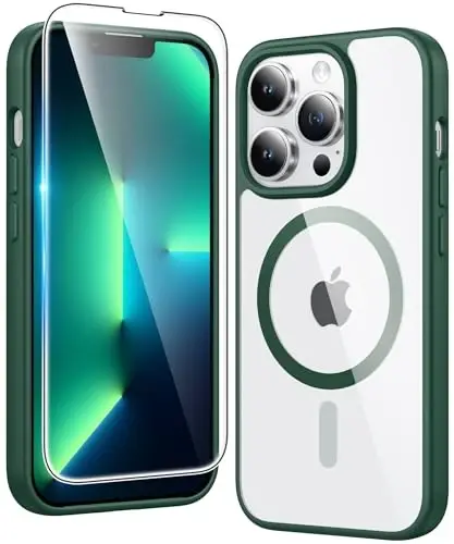 FNTCASE for iPhone 13 Pro Case: Clear Magnetic Phone Cases with Screen Protector Compatible with Magsafe Slim Anti Yellowing Rugged Protective Transparent Cell Phone Cover (B-Alpine Green) 