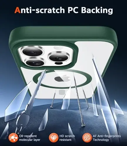 FNTCASE for iPhone 13 Pro Case: Clear Magnetic Phone Cases with Screen Protector Compatible with Magsafe Slim Anti Yellowing Rugged Protective Transparent Cell Phone Cover (B-Alpine Green) - 5