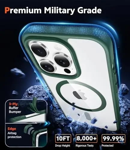 FNTCASE for iPhone 13 Pro Case: Clear Magnetic Phone Cases with Screen Protector Compatible with Magsafe Slim Anti Yellowing Rugged Protective Transparent Cell Phone Cover (B-Alpine Green) - 6