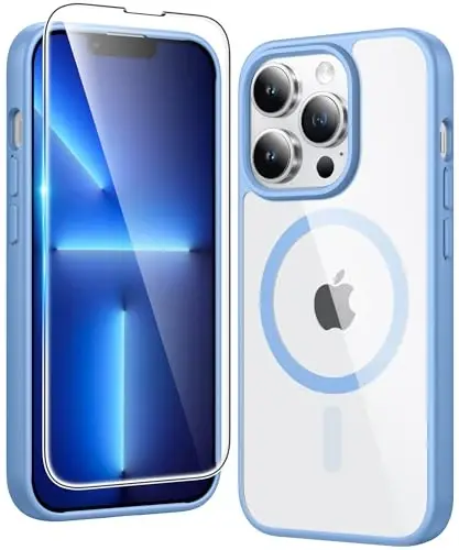 FNTCASE for iPhone 13 Pro Case: Clear Magnetic Phone Cases with Screen Protector Compatible with Magsafe Slim Anti Yellowing Rugged Protective Transparent Cell Phone Cover (B-Sierra Blue) - FNTCASE