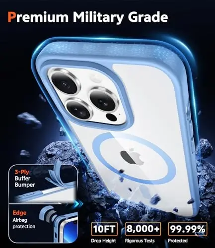 FNTCASE for iPhone 13 Pro Case: Clear Magnetic Phone Cases with Screen Protector Compatible with Magsafe Slim Anti Yellowing Rugged Protective Transparent Cell Phone Cover (B-Sierra Blue) - 6