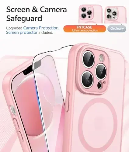 FNTCASE for iPhone 13 Pro Case: Magnetic Translucent Matte Slim Cases with [Tempered Glass Screen Protector] [Full Camera Protection] Military Grade Shockproof Protective Phone Cover(Light Pink) - 4