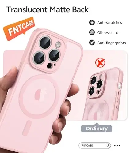 FNTCASE for iPhone 13 Pro Case: Magnetic Translucent Matte Slim Cases with [Tempered Glass Screen Protector] [Full Camera Protection] Military Grade Shockproof Protective Phone Cover(Light Pink) 