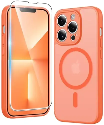FNTCASE for iPhone 13 Pro Case: Matte Magnetic Phone Cases with Screen Protector Compatible with Magsafe Slim Anti Yellowing Rugged Shockproof Protective Translucent Cell Phone Cover (C-Orange) 