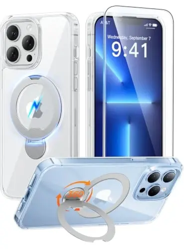 FNTCASE for iPhone 13 Pro-Max Case: [360 Spin Magnetic Stand] [Compatible with Magsafe] [Screen Protector] Clear Magnetic Phone Cases Anti Yellowing Shockproof Protective Phone Cover - Clear - FNTCASE