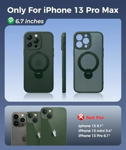 FNTCASE for iPhone 13 Pro-Max Case: [360 Spin Magnetic Stand] [Compatible with Magsafe] [Screen Protector] Translucent Matte Military Grade Shockproof Full Camera Protective Phone Cover - Green - FNTCASE (1)