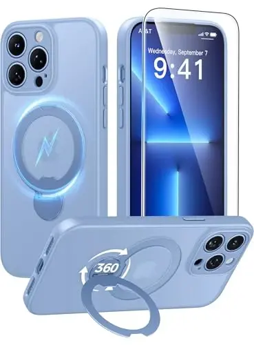 FNTCASE for iPhone 13 Pro-Max Case: [360 Spin Magnetic Stand] [Compatible with Magsafe] [Screen Protector] Translucent Matte Military Grade Shockproof Full Camera Protective Phone Cover - Light Blue 
