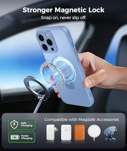 FNTCASE for iPhone 13 Pro-Max Case: [360 Spin Magnetic Stand] [Compatible with Magsafe] [Screen Protector] Translucent Matte Military Grade Shockproof Full Camera Protective Phone Cover - Light Blue - 5