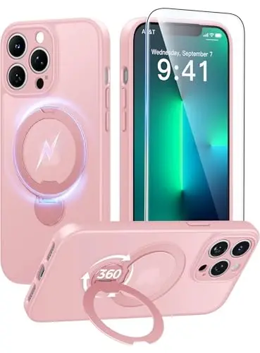 FNTCASE for iPhone 13 Pro-Max Case: [360 Spin Magnetic Stand] [Compatible with Magsafe] [Screen Protector] Translucent Matte Military Grade Shockproof Full Camera Protective Phone Cover - Pink 
