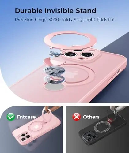 FNTCASE for iPhone 13 Pro-Max Case: [360 Spin Magnetic Stand] [Compatible with Magsafe] [Screen Protector] Translucent Matte Military Grade Shockproof Full Camera Protective Phone Cover - Pink - 3
