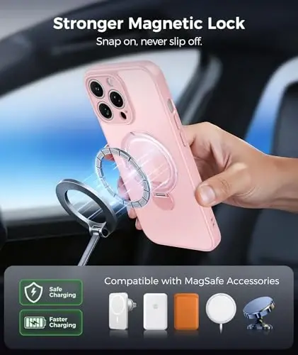 FNTCASE for iPhone 13 Pro-Max Case: [360 Spin Magnetic Stand] [Compatible with Magsafe] [Screen Protector] Translucent Matte Military Grade Shockproof Full Camera Protective Phone Cover - Pink - 5