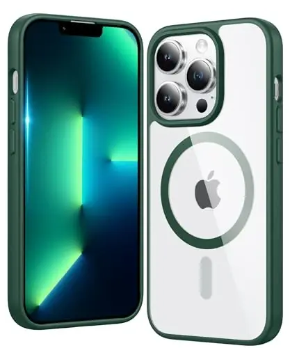 FNTCASE for iPhone 13 Pro-Max Case: Clear Magnetic Phone Cases Compatible with Magsafe Slim Anti Yellowing Military Grade Drop Protection Rugged Transparent Cell Phone Cover (B-Alpine Green) - 1