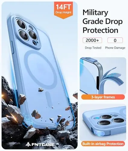 FNTCASE for iPhone 13 Pro Max Case: [Compatible with Magsafe] Translucent Matte Magnetic Phone Cover - Military Grade Drop Protection Shockproof Protective Cases - Light Blue - 5