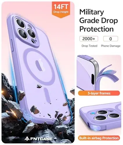 FNTCASE for iPhone 13 Pro Max G‘ilofi: [Magsafe bilan mos keladi] Shaffof Mat Magnit Telefon G‘ilofi - Harbiy Darajadagi Tomchidan Himoya Zarbga Qarshi Himoya G‘iloflari - Och Binafsha - 4