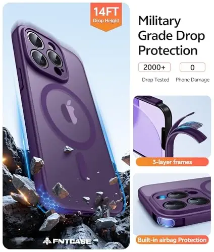 FNTCASE for iPhone 13 Pro Max G‘ilofi: [Magsafe bilan mos keladi] Shaffof matli magnitli g‘iloflar [Kameraning to‘liq himoyasi] Harbiy darajadagi zarbaga chidamli himoya telefon qopqog‘i - Binafsharang - 5