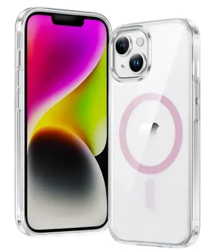 FNTCASE for iPhone 14 Plus Case: Clear Magnetic Phone Cases Compatible with Magsafe Slim Anti Yellowing Military Grade Drop Protection Rugged Protective Transparent Cell Phone Cover (D-Pink) 