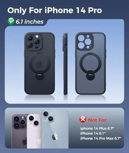 FNTCASE for iPhone 14 Pro Case: [360 Spin Magnetic Stand] [Compatible with Magsafe] [Screen Protector] Translucent Matte Military Grade Shockproof Full Camera Protective Phone Cover - Black - 2