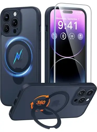 FNTCASE for iPhone 14 Pro Case: [360 Spin Magnetic Stand] [Compatible with Magsafe] [Screen Protector] Translucent Matte Military Grade Shockproof Full Camera Protective Phone Cover - Deep Blue 