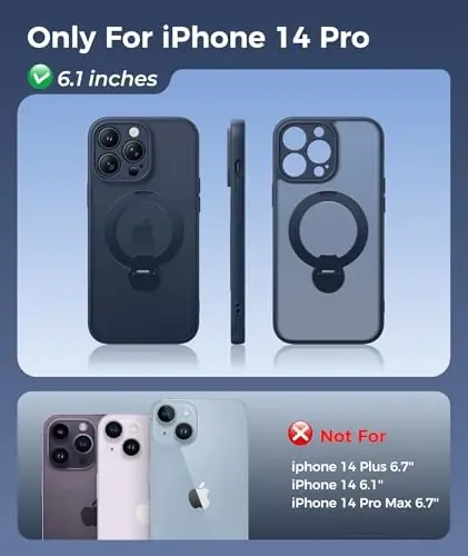 FNTCASE for iPhone 14 Pro Case: [360 Spin Magnetic Stand] [Compatible with Magsafe] [Screen Protector] Translucent Matte Military Grade Shockproof Full Camera Protective Phone Cover - Deep Blue - 2