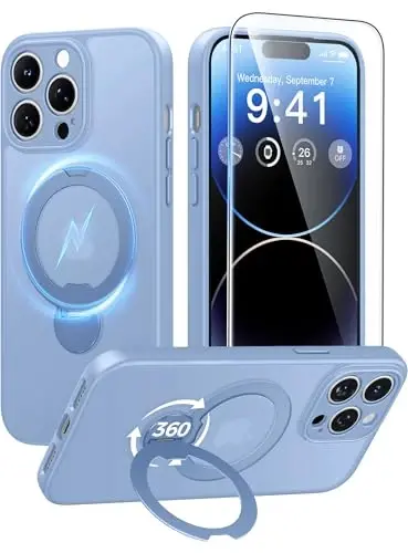 FNTCASE for iPhone 14 Pro Case: [360 Spin Magnetic Stand] [Compatible with Magsafe] [Screen Protector] Translucent Matte Military Grade Shockproof Full Camera Protective Phone Cover - Light Blue - 1