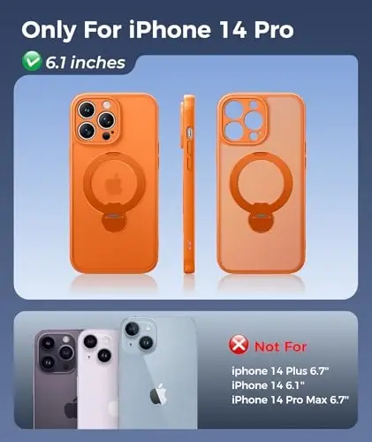 FNTCASE for iPhone 14 Pro Case: [360 Spin Magnetic Stand] [Compatible with Magsafe] [Screen Protector] Translucent Matte Military Grade Shockproof Full Camera Protective Phone Cover - Orange - 2