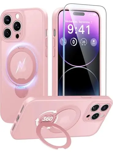 FNTCASE for iPhone 14 Pro Case: [360 Spin Magnetic Stand] [Compatible with Magsafe] [Screen Protector] Translucent Matte Military Grade Shockproof Full Camera Protective Phone Cover - Pink 