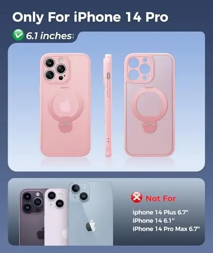 FNTCASE for iPhone 14 Pro Case: [360 Spin Magnetic Stand] [Compatible with Magsafe] [Screen Protector] Translucent Matte Military Grade Shockproof Full Camera Protective Phone Cover - Pink - FNTCASE (1)