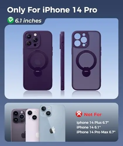FNTCASE for iPhone 14 Pro Case: [360 Spin Magnetic Stand] [Compatible with Magsafe] [Screen Protector] Translucent Matte Military Grade Shockproof Full Camera Protective Phone Cover - Purple - 2