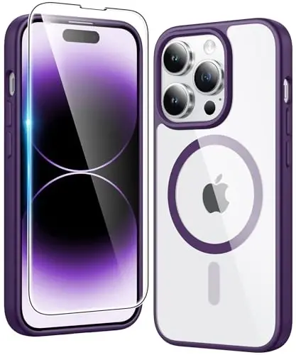 FNTCASE for iPhone 14 Pro Case: Clear Magnetic Phone Cases with Screen Protector Compatible with Magsafe Slim Anti Yellowing Rugged Shockproof Protective Transparent Cell Phone Cover (B-Purple) - FNTCASE
