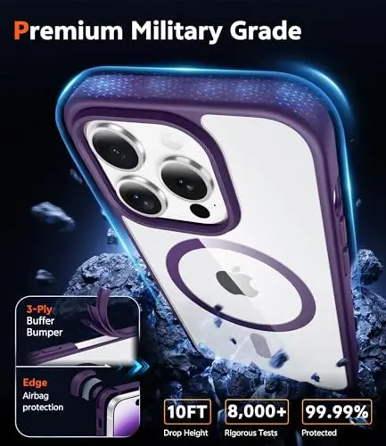 FNTCASE for iPhone 14 Pro Case: Clear Magnetic Phone Cases with Screen Protector Compatible with Magsafe Slim Anti Yellowing Rugged Shockproof Protective Transparent Cell Phone Cover (B-Purple) - 6