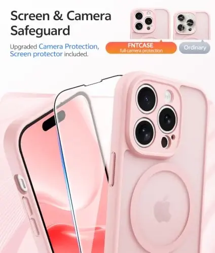 FNTCASE for iPhone 14 Pro Case: [Compatible with Magsafe] Translucent Matte Cases with [Screen Protector] [Full Camera Protection] Military Grade Shockproof Protective Phone Cover - Light Pink - 4
