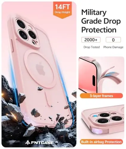 FNTCASE for iPhone 14 Pro Case: [Compatible with Magsafe] Translucent Matte Cases with [Screen Protector] [Full Camera Protection] Military Grade Shockproof Protective Phone Cover - Light Pink - 6
