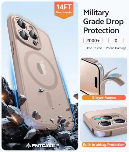 FNTCASE for iPhone 14 Pro G‘ilofi: [Magsafe bilan mos keladi] [To‘liq kamera himoyasi] [Ekran himoyasi] ga ega Shaffof Mat G‘iloflar Harbiy darajadagi zarbaga chidamli himoya telefon qopqog‘i - Cho‘l Oltini - 6