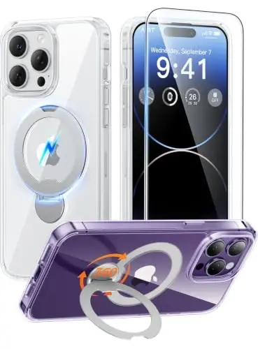 FNTCASE for iPhone 14 Pro-Max Case: [360 Spin Magnetic Stand] [Compatible with Magsafe] [Screen Protector] Clear Magnetic Phone Cases Anti Yellowing Shockproof Protective Phone Cover - Clear - 1
