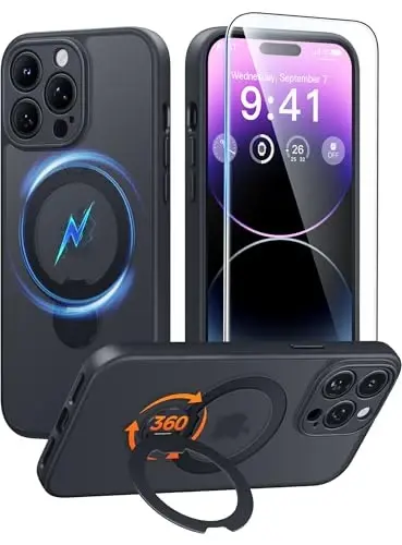 FNTCASE for iPhone 14 Pro-Max Case: [360 Spin Magnetic Stand] [Compatible with Magsafe] [Screen Protector] Translucent Matte Military Grade Shockproof Full Camera Protective Phone Cover - Black 
