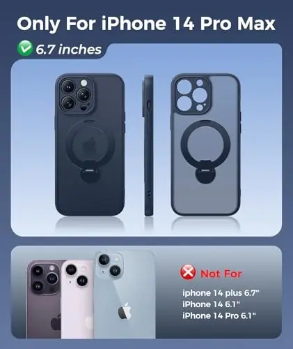 FNTCASE for iPhone 14 Pro-Max Case: [360 Spin Magnetic Stand] [Compatible with Magsafe] [Screen Protector] Translucent Matte Military Grade Shockproof Full Camera Protective Phone Cover - Deep Blue - 2
